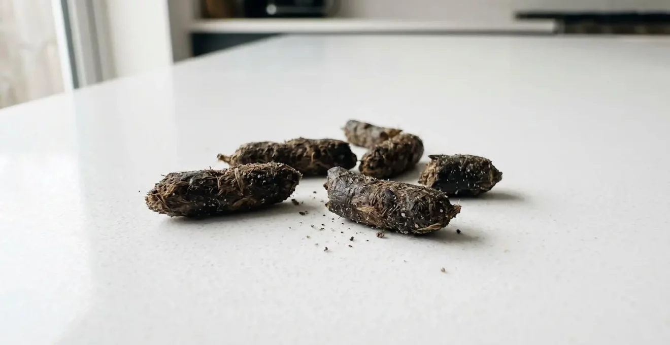 Gros plan sur des excréments de rats cylindriques noirs d'environ un centimètre sur une surface moderne claire, avec en arrière-plan flouté des traces de grignotage sur une gaine de câble électrique blanc