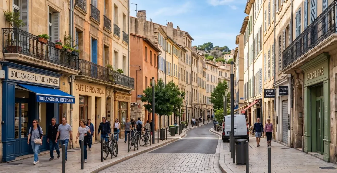 Ruelle typique du centre-ville de Marseille avec immeubles en pierre calcaire, poubelles collectives alignées le long du trottoir et architecture urbaine dense méditerranéenne sous lumière matinale naturelle