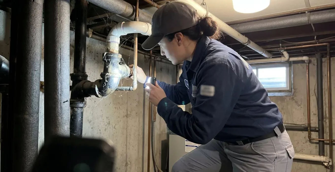 Vue par-dessus l'épaule d'un technicien en tenue professionnelle moderne inspectant à la lampe torche un ancien réseau de canalisations dans une cave d'immeuble marseillais