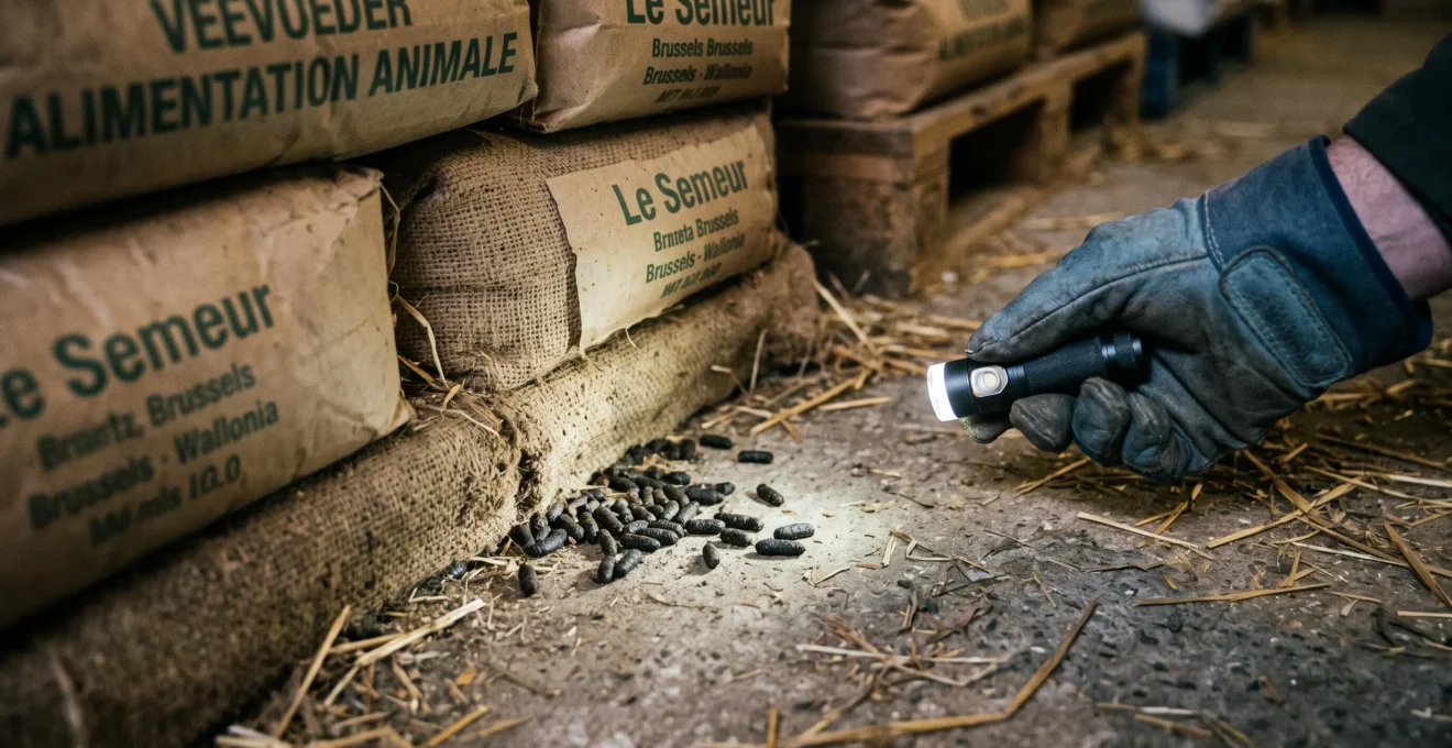 Déjections de rongeurs derrière des sacs de stockage éclairés par une lampe.