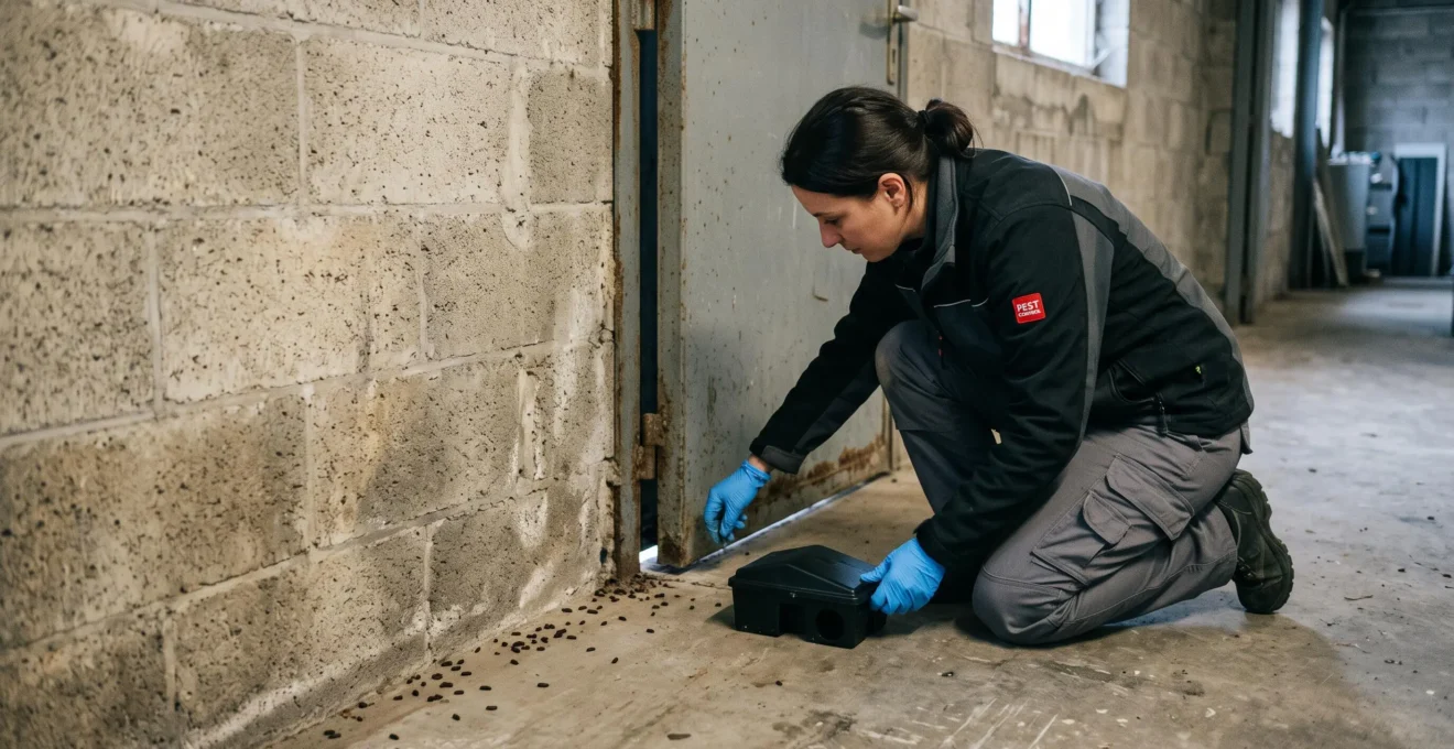 Un technicien place un appât près d'un passage de rongeurs sous une porte.