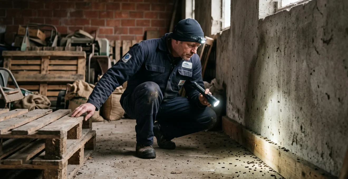 Un technicien éclaire des déjections de rongeurs le long d'un mur de réserve.